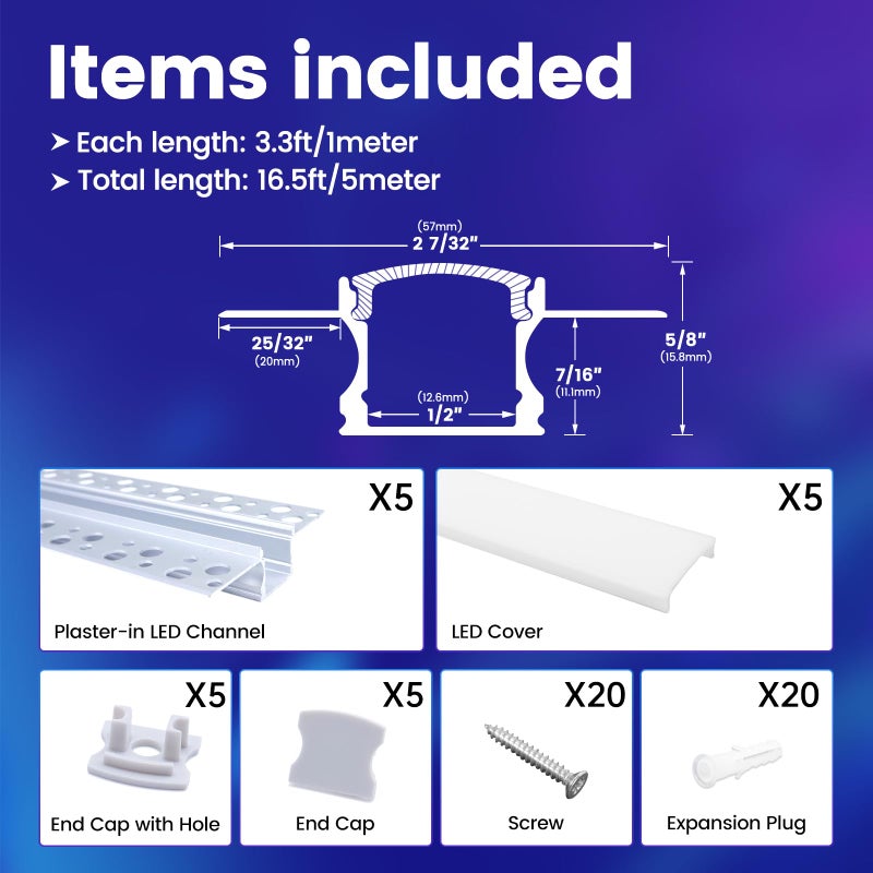 Muzata 5Pack 3.3FT/1M Plaster in LED Channel Trimless Recessed LED Strip Diffuser Channel Spotless Deeper Wider for Drywall Ceiling Wall U117 WW 1M - Image 4